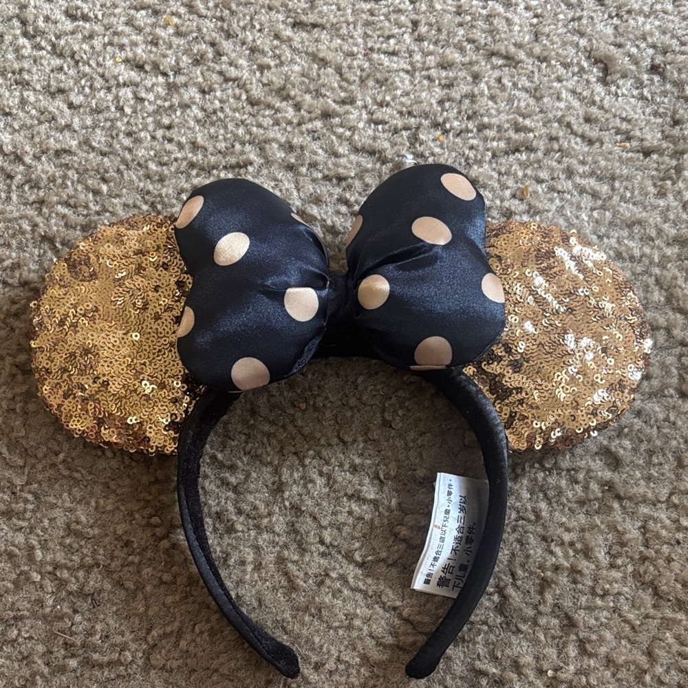 Disney Gold Sequin Minnie Ears Headband with Black Polka Dot Bow